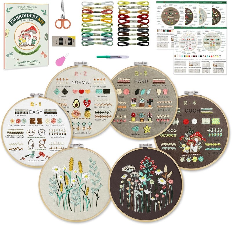 CYANFOUR 6 Stage Embroidery Kit for Beginners Adults, Easy to Learn 38 Different Stitches from Instruction & Video, Needlepoint Kits for Adults with Stamped Embroidery Patterns. - Image 1